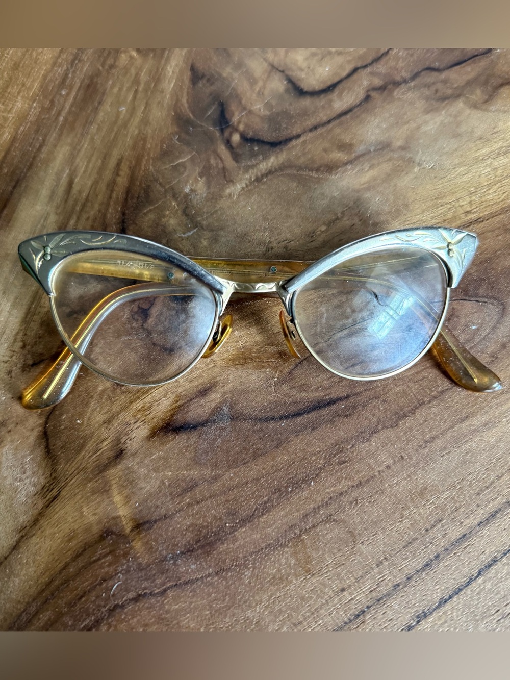 Vintage 12K Gold Fill Cat Eye Eyeglasses Etched Detail 1950s